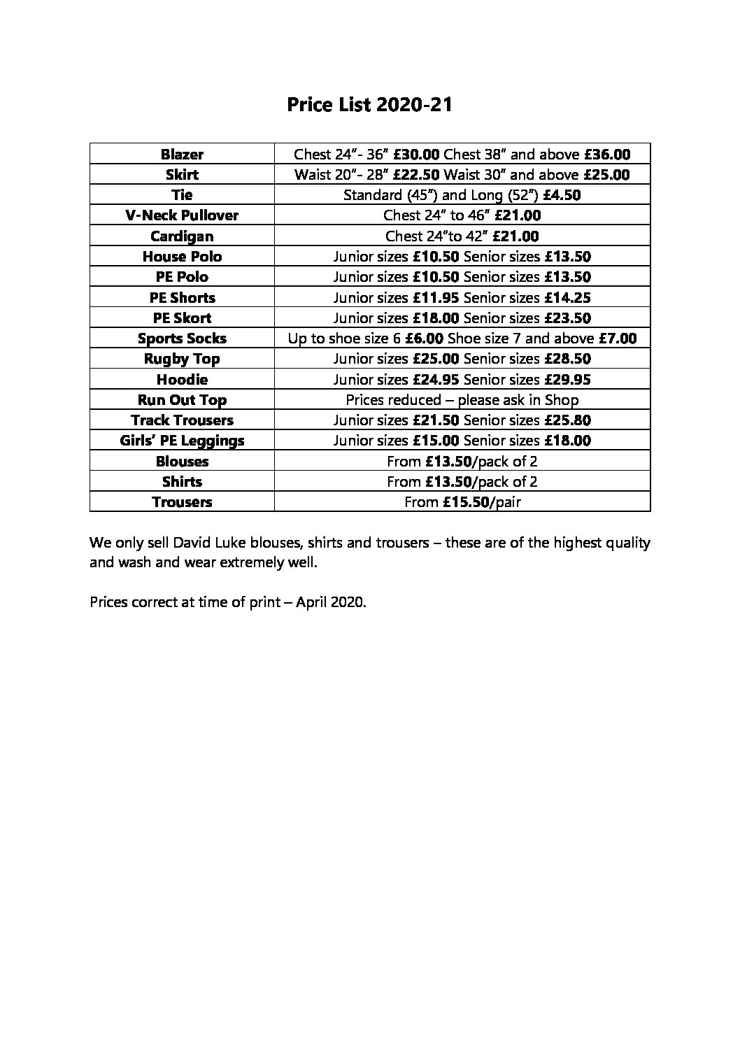 Price List 202021 Abbot School