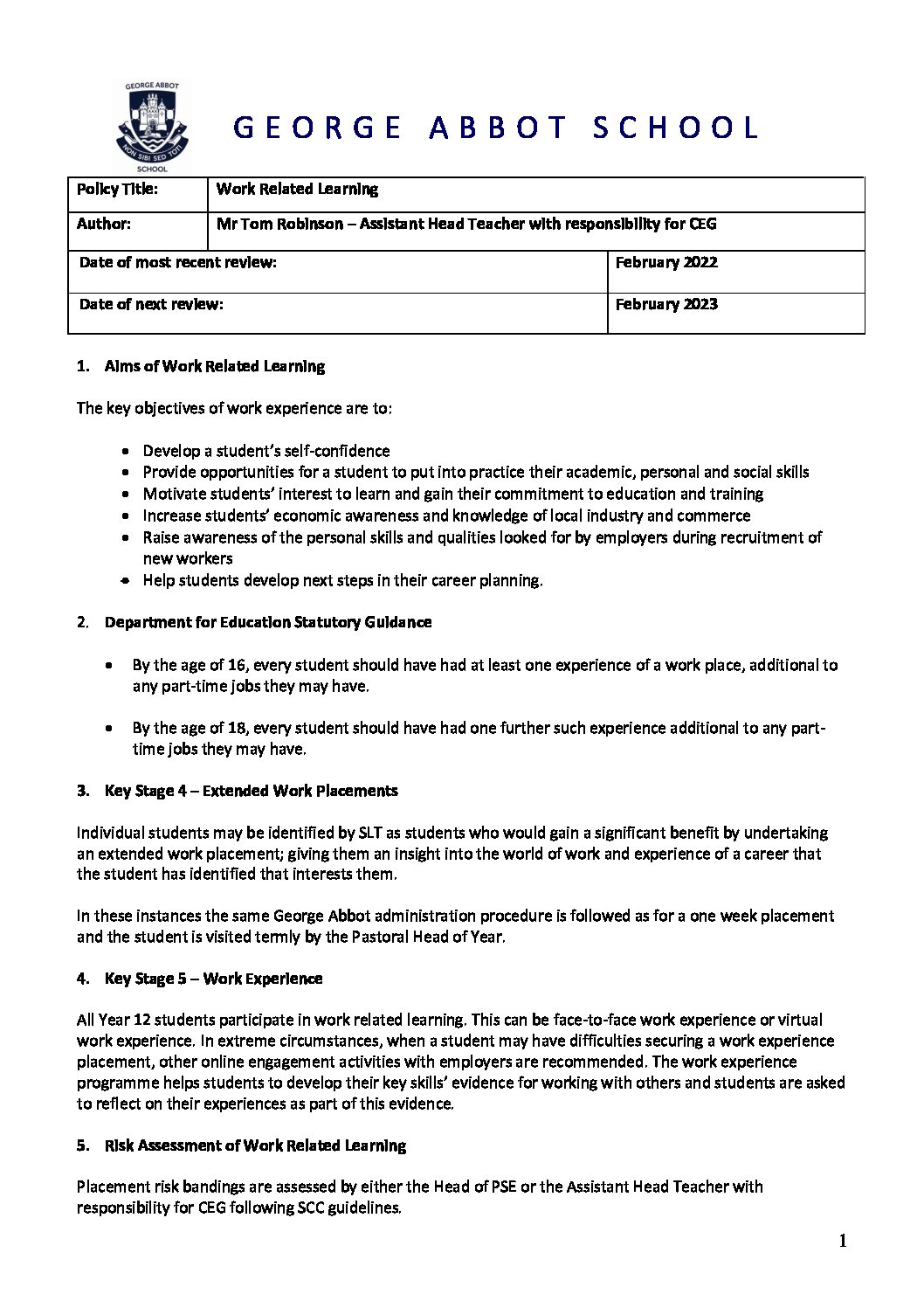 2022 Tjr Work Related Learning George Abbot School