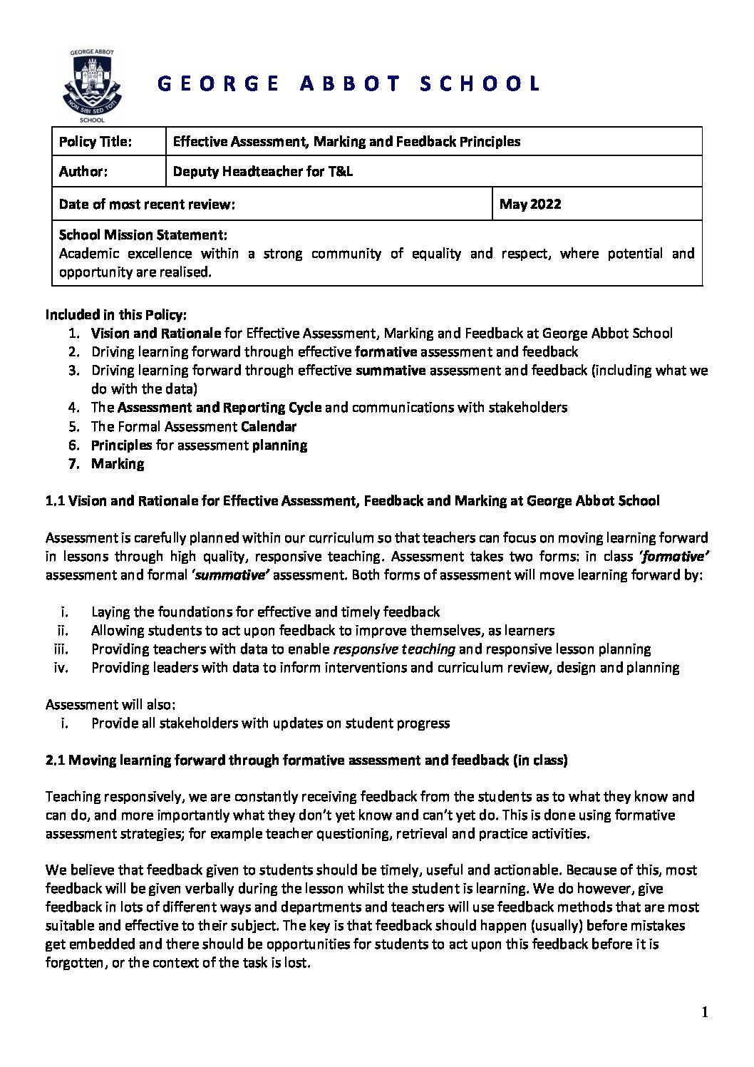 2022 MCG Assessment, Marking and Feedback Policy Abbot School